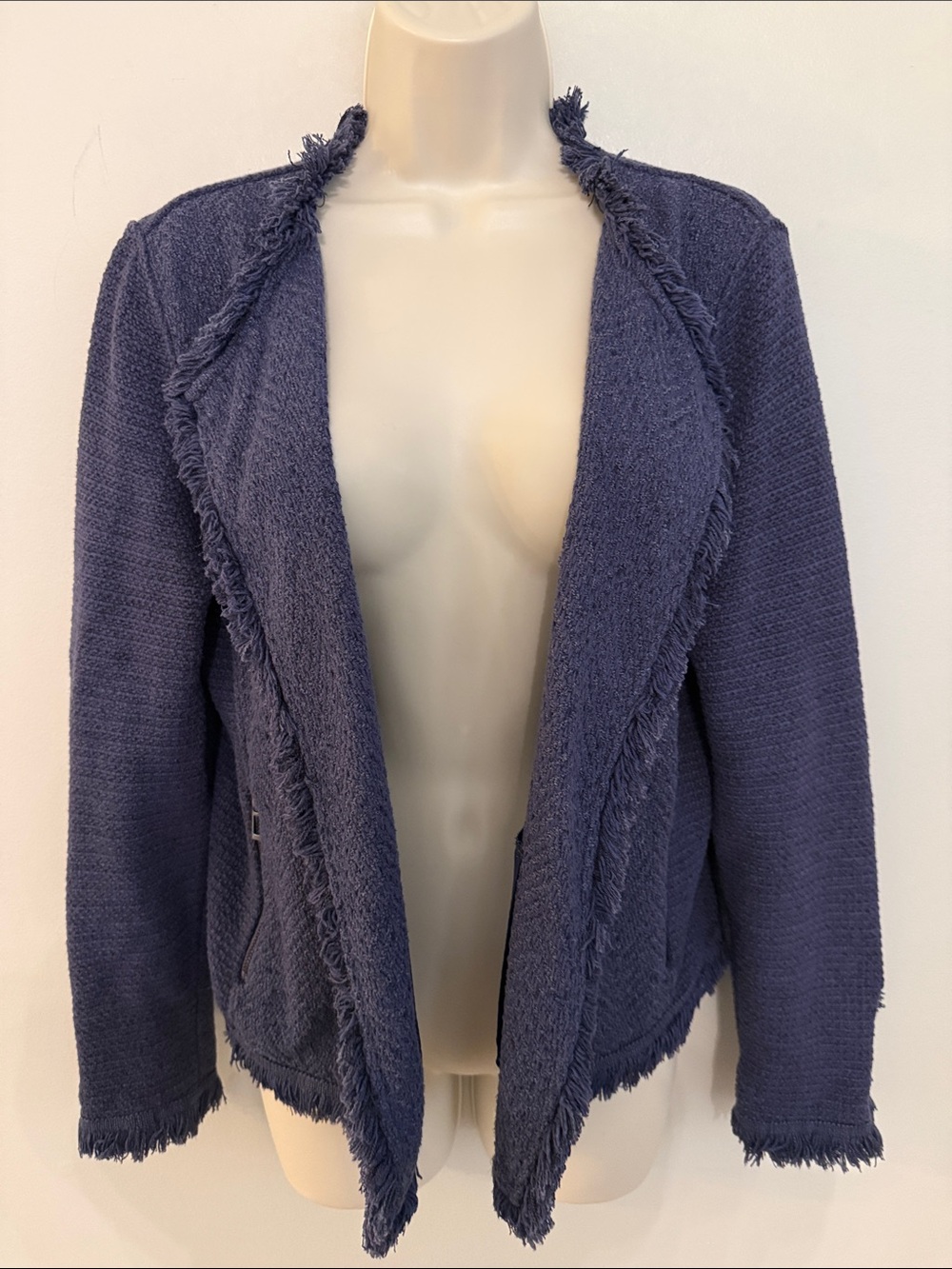 NIC+ZOE Frayed-Trim Open Front Jacket - Navy